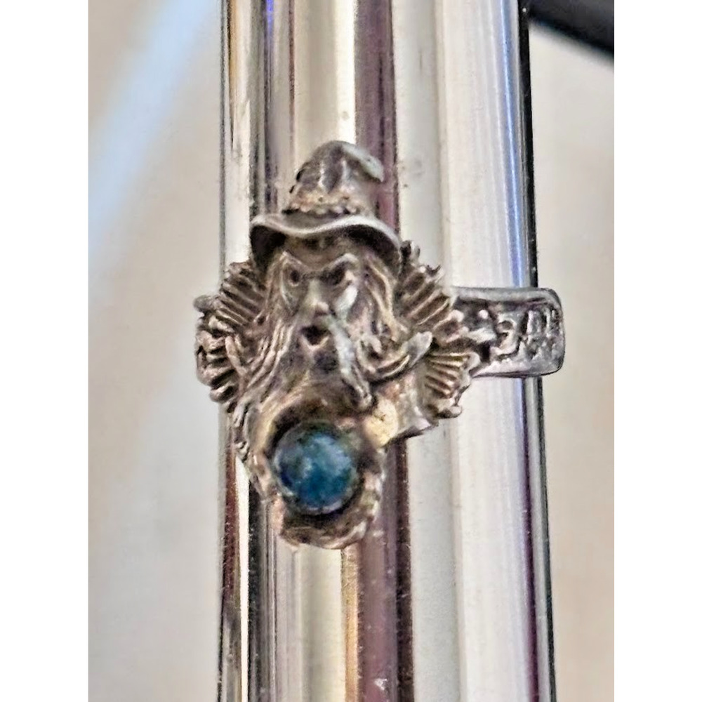 Vintage Sterling Silver Runic Wizard Ring Custom Blue Topaz Fantasy Goth Sz 6.5 - Picture 2 of 8